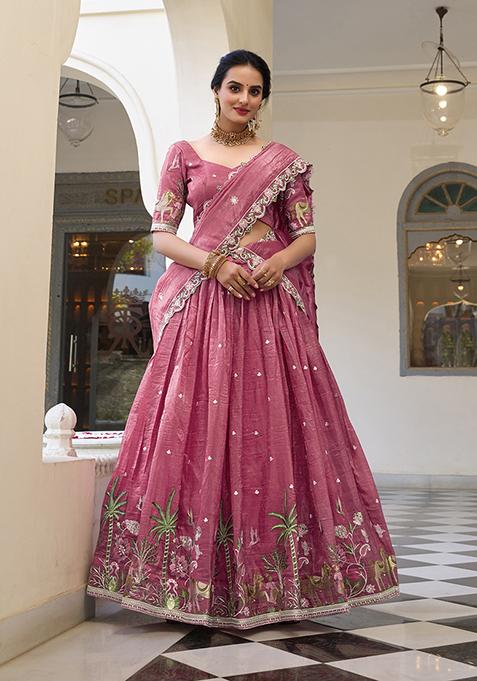 Pink Embroidered Cotton Lehenga Set