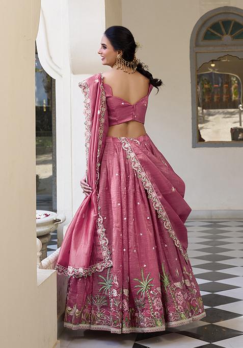 Pink Embroidered Cotton Lehenga Set