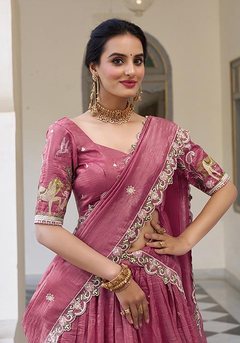 Pink Embroidered Cotton Lehenga Set