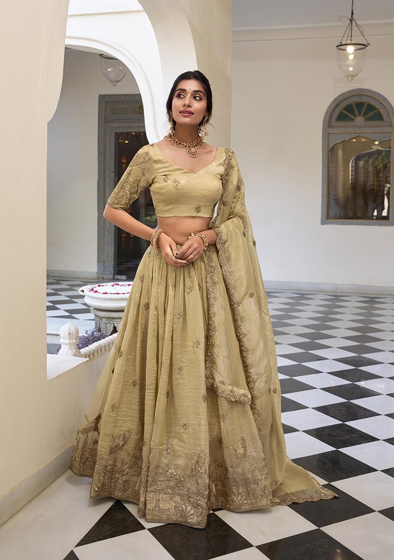 Off White Embroidered Cotton Lehenga Set