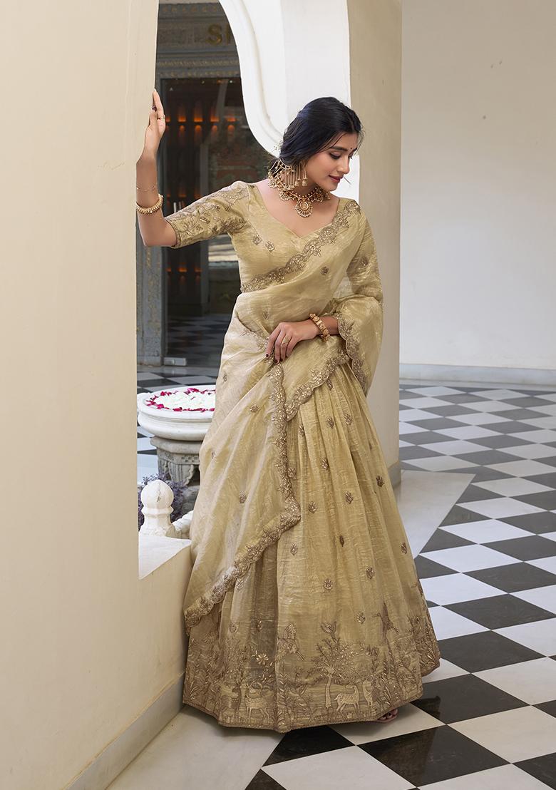 Off White Embroidered Cotton Lehenga Set