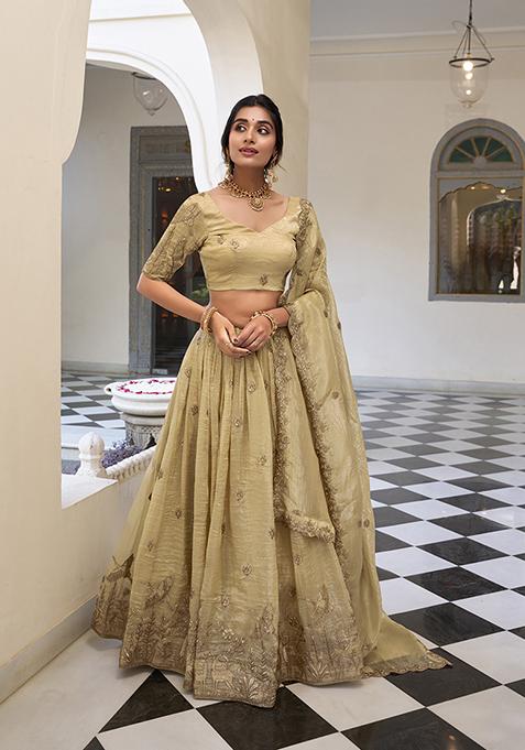 Off White Embroidered Cotton Lehenga Set