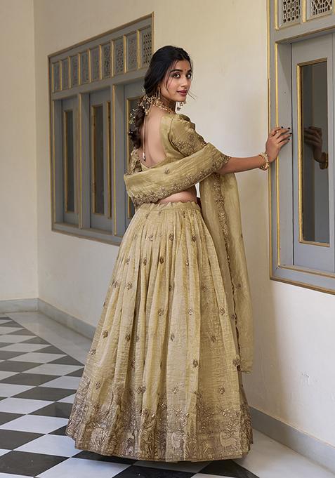 Off White Embroidered Cotton Lehenga Set