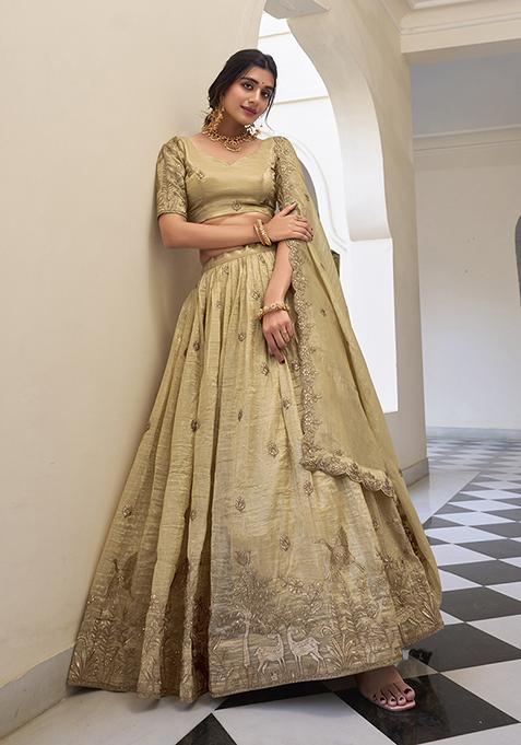 Off White Embroidered Cotton Lehenga Set