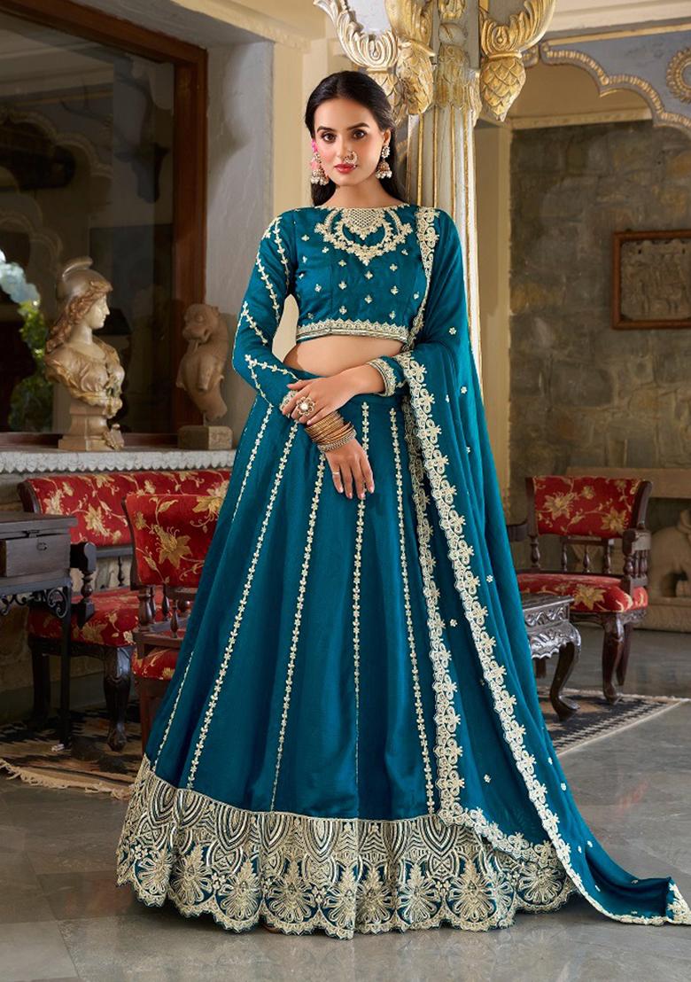 Firozi Blue Embroidered Silk Lehenga Set