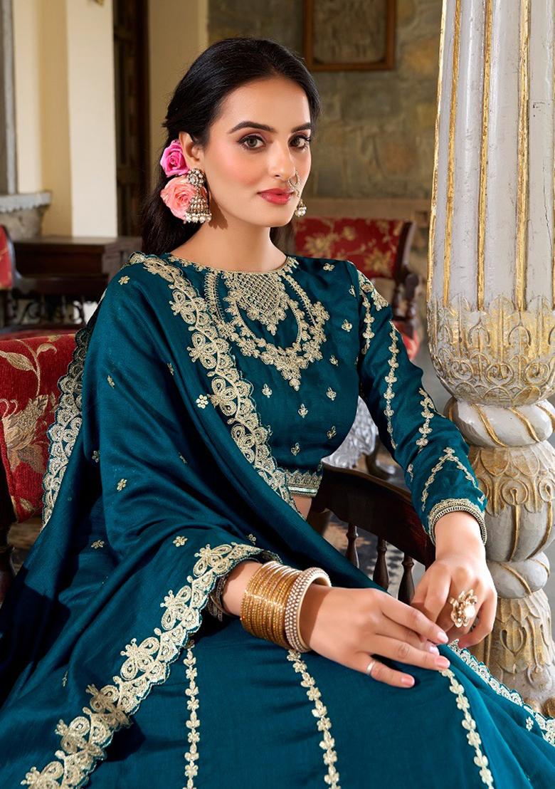 Firozi Blue Embroidered Silk Lehenga Set
