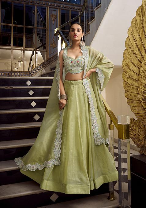 Rust Brown Embroidered Cotton Lehenga Set — view on Indya
