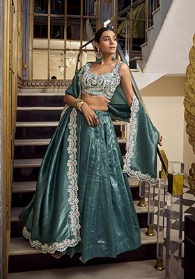 Pista Green Embroidered Cotton Lehenga Set