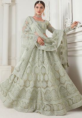 Green Embroidered Net Lehenga Set