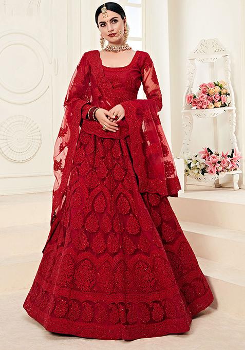 Maroon Embroidered Net Lehenga Set