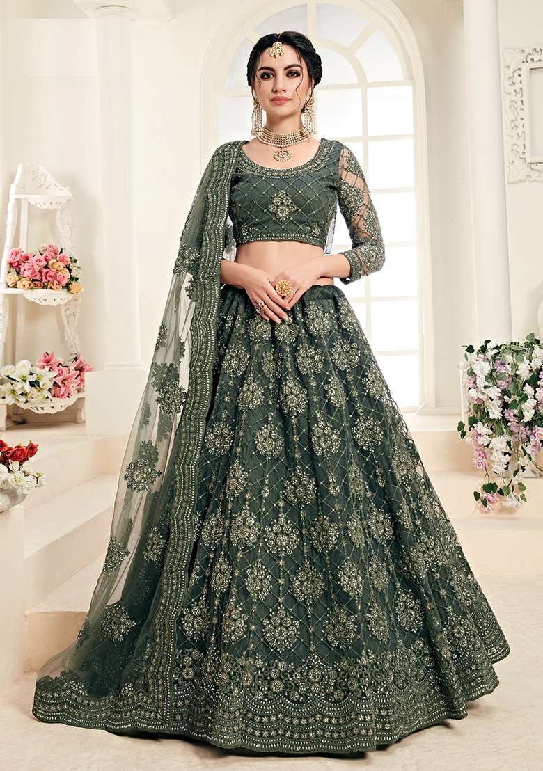 Green Embroidered Net Lehenga Set - Indya