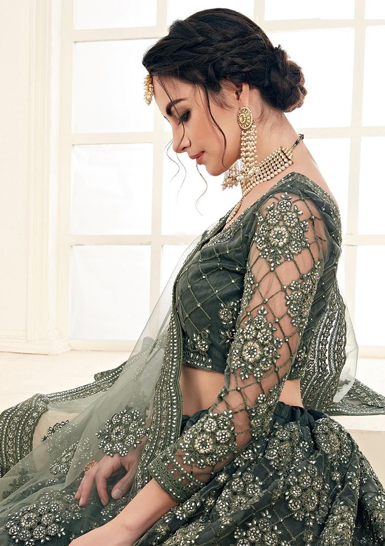 Green Embroidered Net Lehenga Set