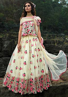 Cream Embroidered Net Lehenga Set