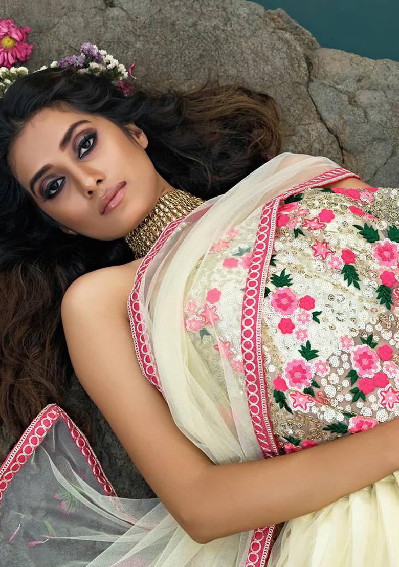 Cream Embroidered Net Lehenga Set