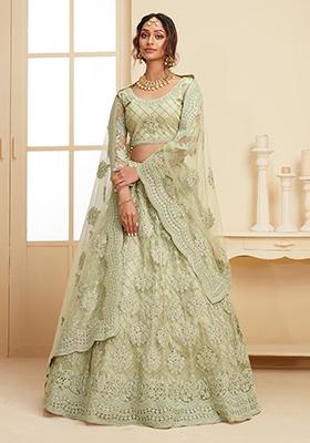 Green Embroidered Net Lehenga Set