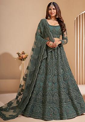 Green Embroidered Net Lehenga Set