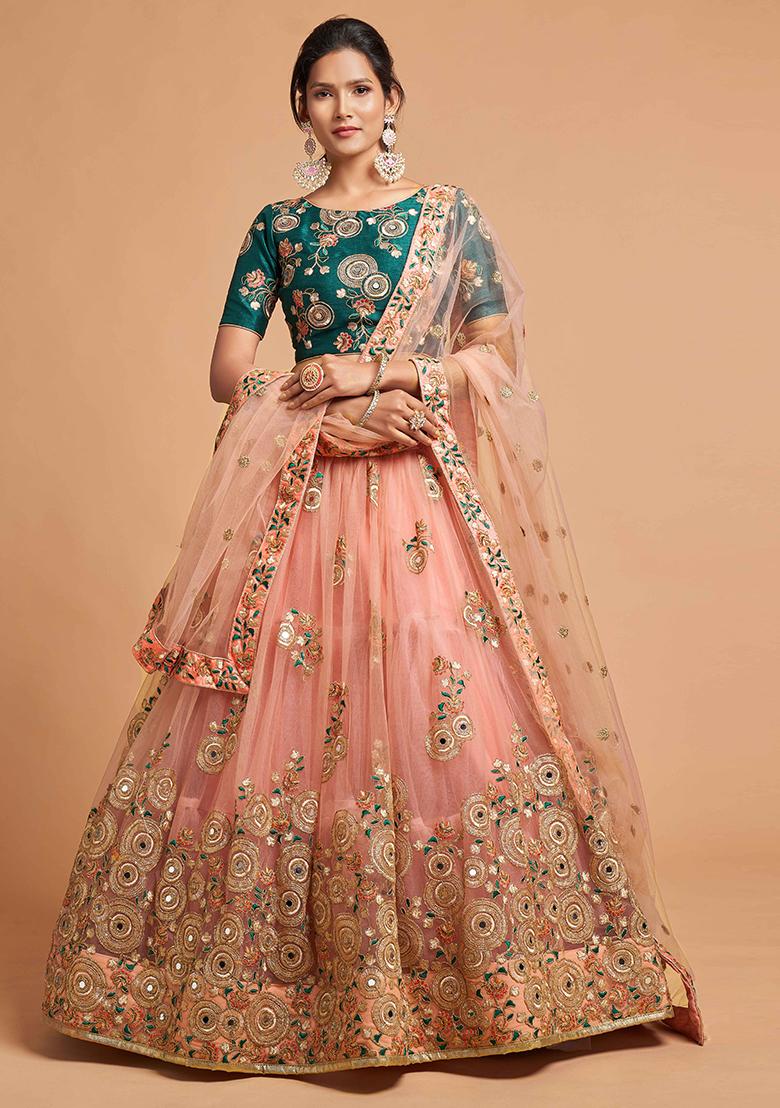 Teal Green Embroidered Net Lehenga Set