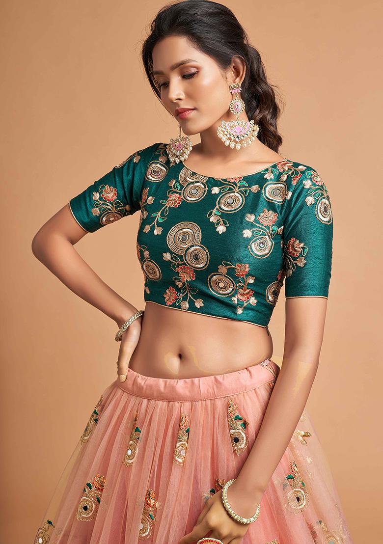 Teal Green Embroidered Net Lehenga Set