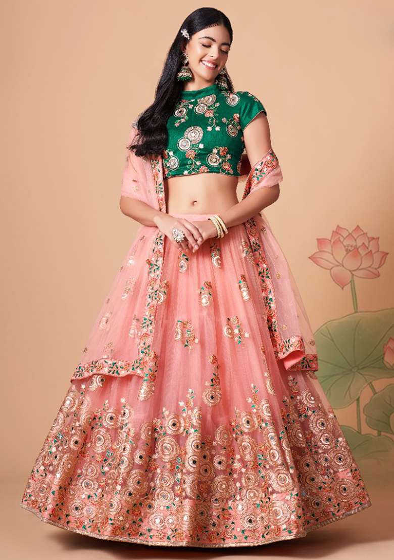 Green And Peach Embroidered Net Lehenga Set for Diwali and Festive Wear - Indya