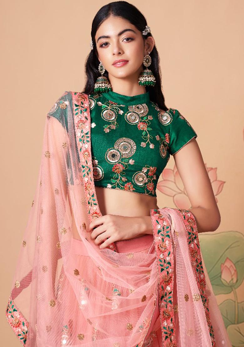 Green And Peach Embroidered Net Lehenga Set