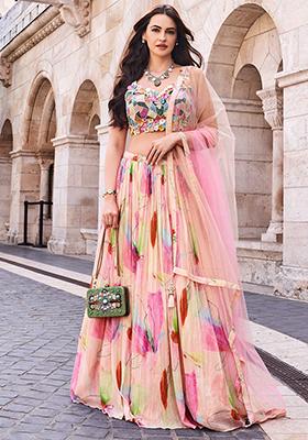 Multicolor Embroidered Chinon Lehenga Set