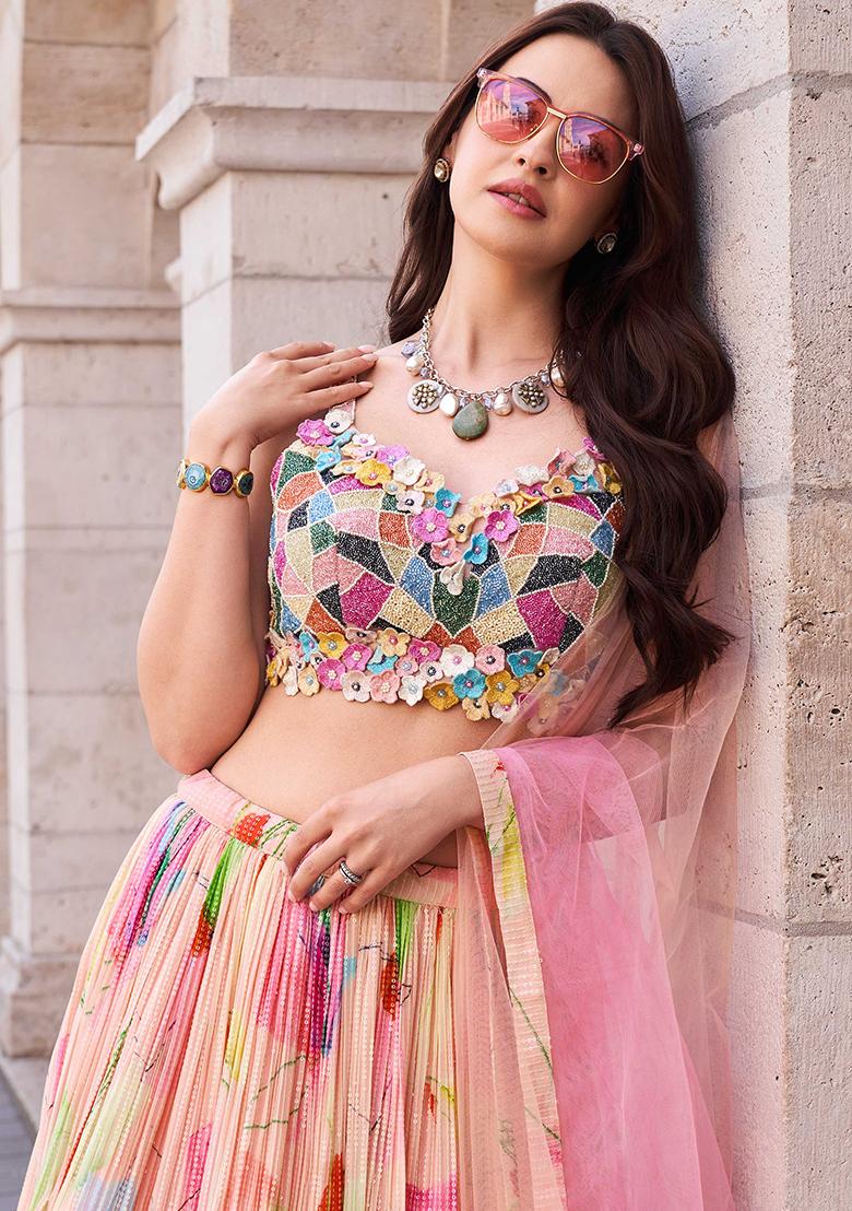 Multicolor Embroidered Chinon Lehenga Set