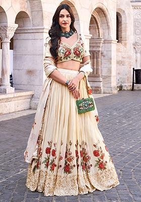 Beige Embroidered Chinon Lehenga Set
