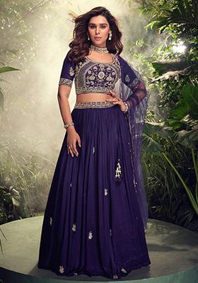Purple Embroidered Chinon Lehenga Set