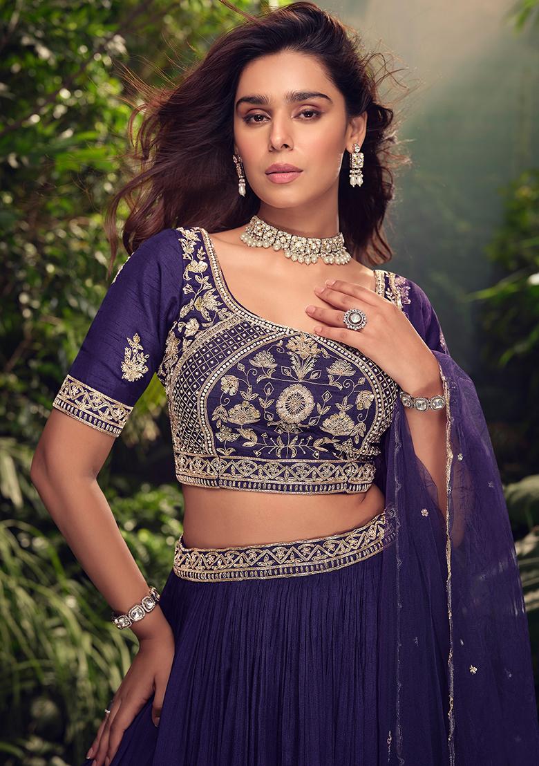 Purple Embroidered Chinon Lehenga Set