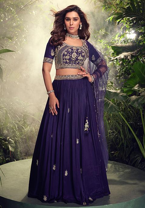 Purple Embroidered Chinon Lehenga Set