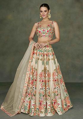 Cream Embroidered Net Lehenga Set
