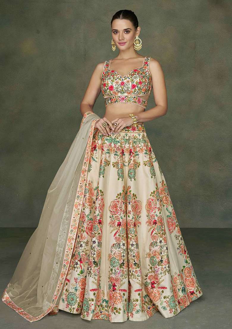 Cream Embroidered Net Lehenga Set for Diwali and Festive Wear - Indya