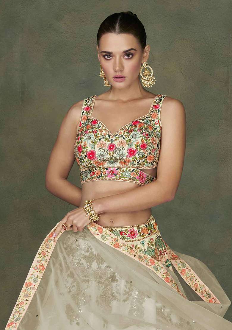 Cream Embroidered Net Lehenga Set for Diwali and Festive Wear - Indya