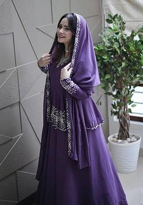 Purple Embroidered Georgette Lehenga Set