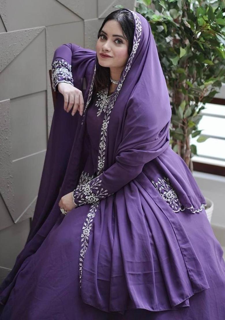 Purple Embroidered Georgette Lehenga Set
