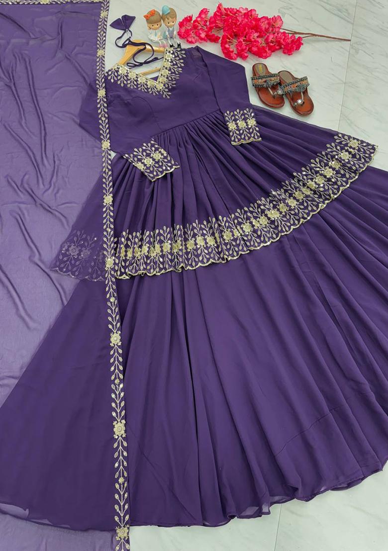 Purple Embroidered Georgette Lehenga Set