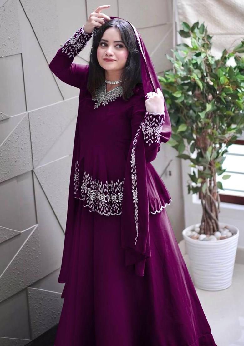 Wine Embroidered Georgette Lehenga Set