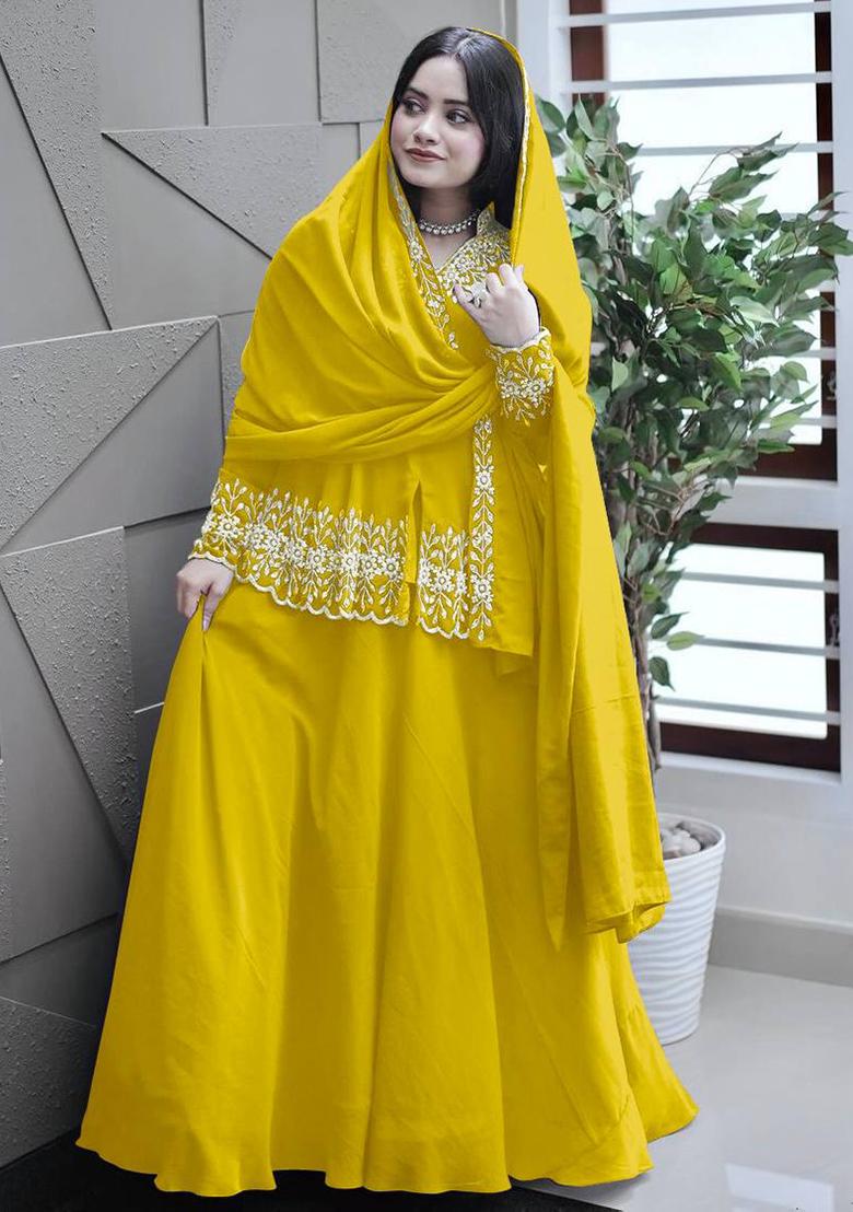 Yellow Embroidered Georgette Lehenga Set