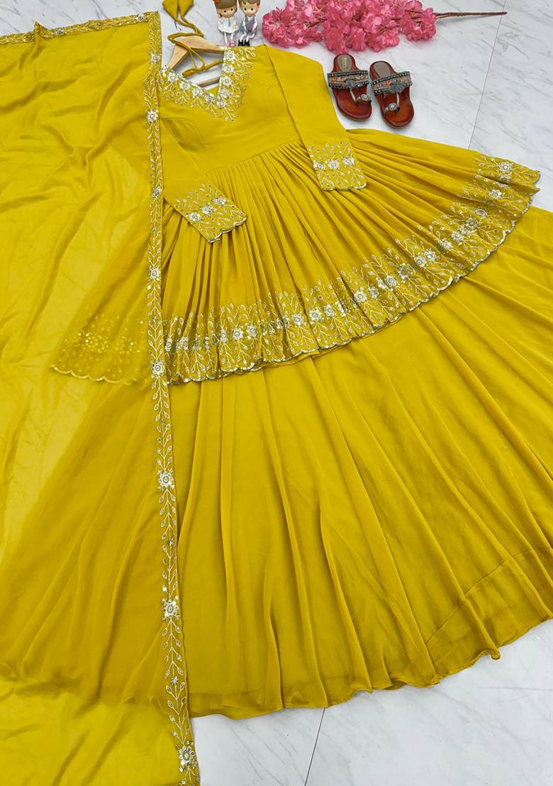 Yellow Embroidered Georgette Lehenga Set