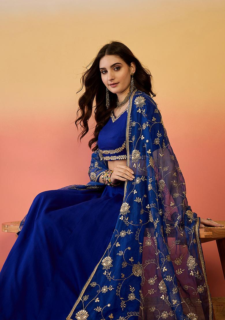 Royal Blue Embroidered Vichitra Lehenga Set