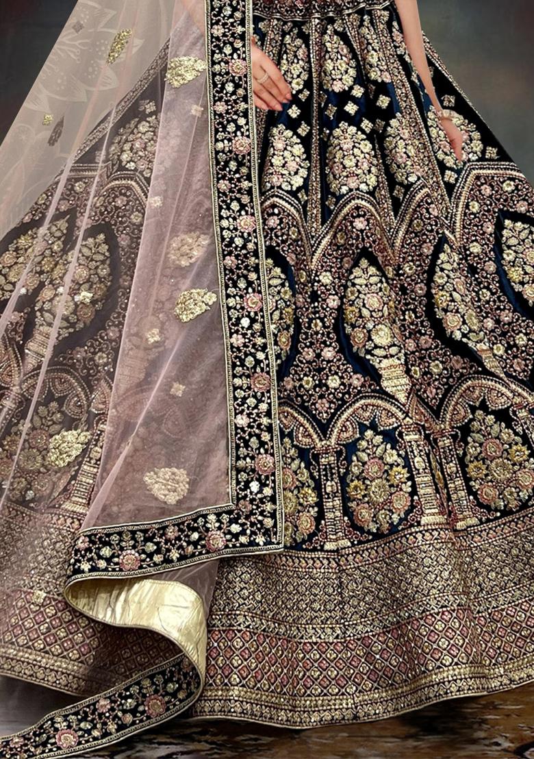 Teal Blue Embroidered Velvet Lehenga Set