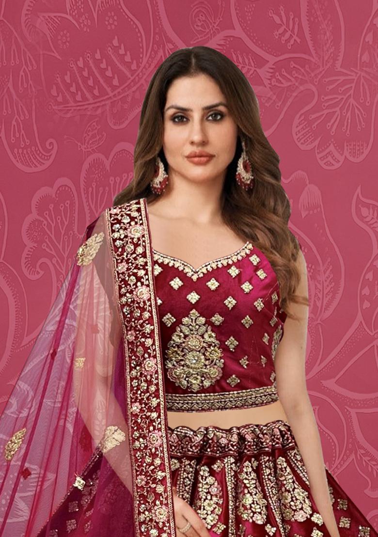 Red Embroidered Velvet Lehenga Set