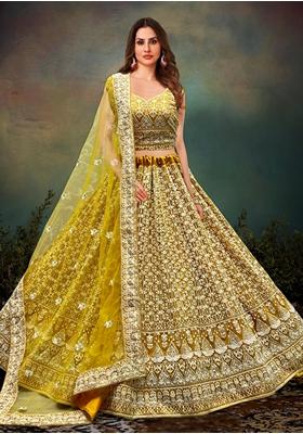 Mustard Yellow Embroidered Net Bridal Lehenga Set