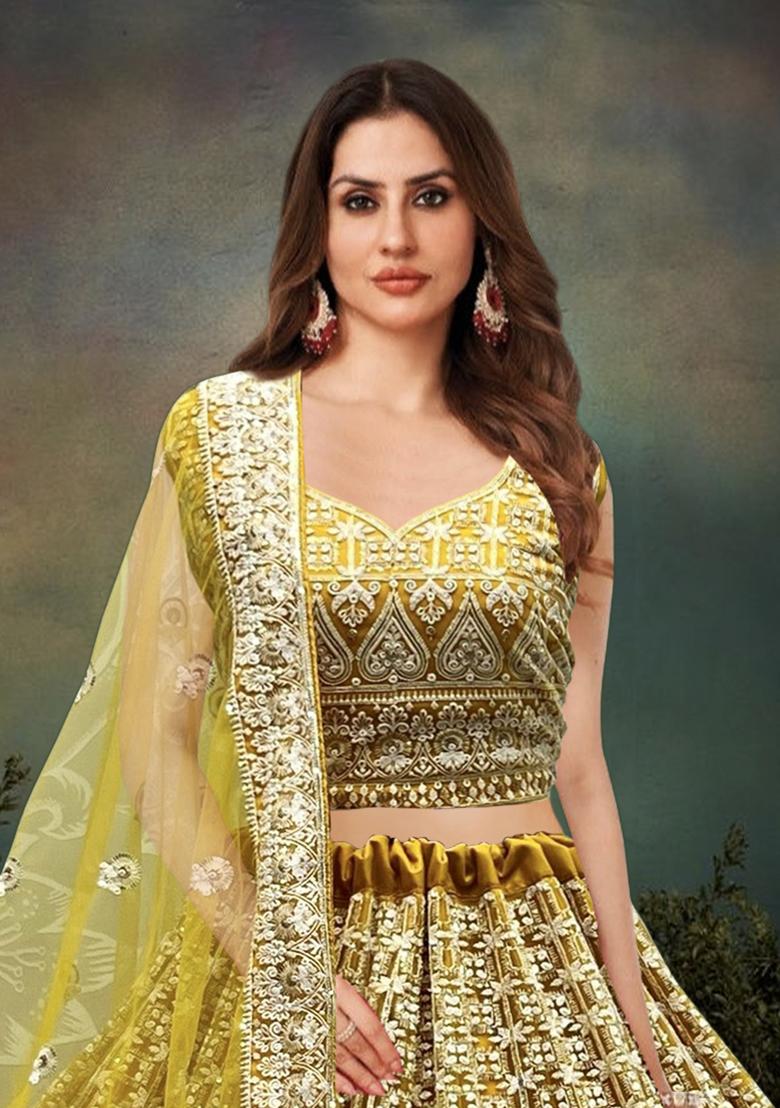 Mustard Yellow Embroidered Net Bridal Lehenga Set