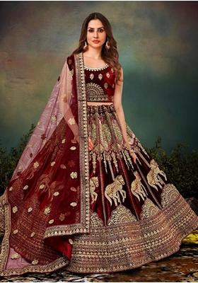 Maroon Embroidered Velvet Lehenga Set