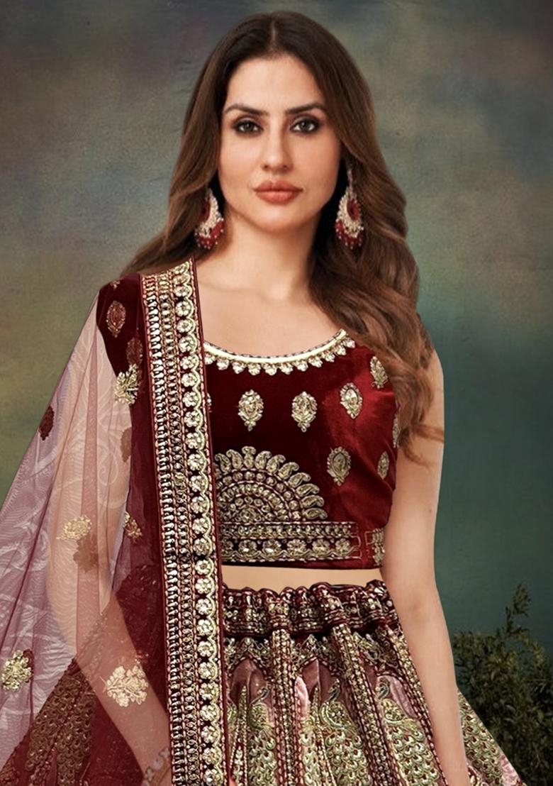 Maroon Embroidered Velvet Lehenga Set