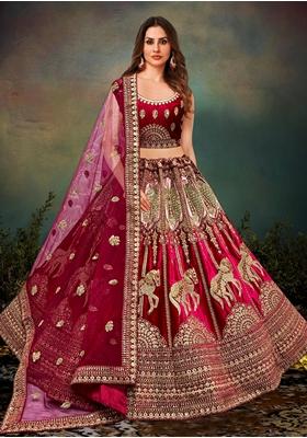 Magenta Embroidered Velvet Lehenga Set