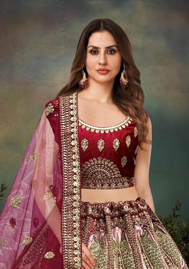 Magenta Embroidered Velvet Lehenga Set