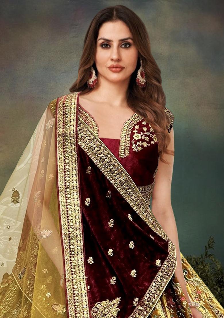 Maroon Embroidered Velvet Lehenga Set