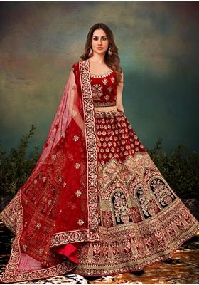 Red Zari Work Velvet Lehenga Set